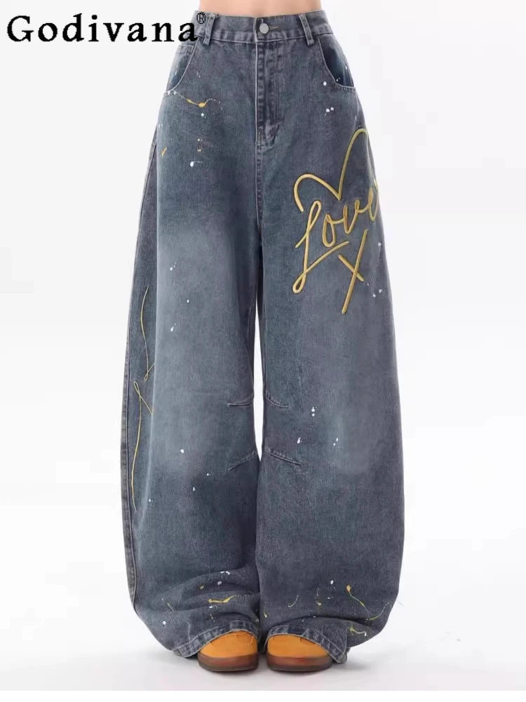 

Plus Size 2XL-6XL Girls Personality Letter Embroidery Blue Jeans Street Spring Autumn Loose Leisure Versatile Wide-leg Pants