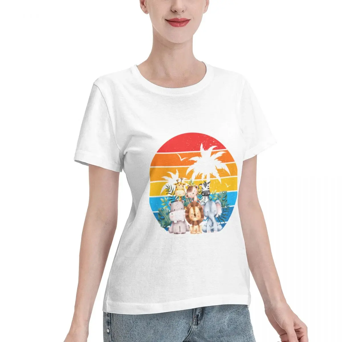 New Arrival Cute Animals In Retro Sunset Island Women's T-shirt Minimalist Chic Travel Wear Top