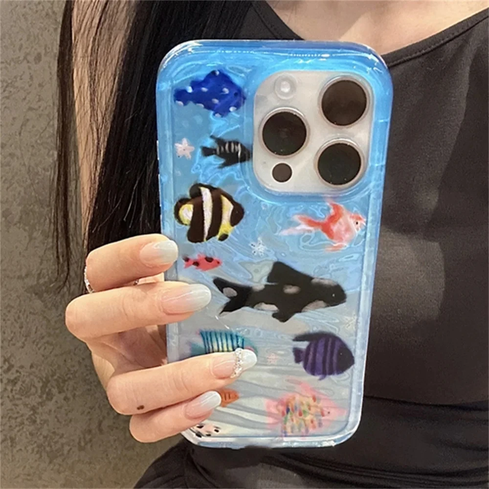 Cartoon Aquarium Ocean Fish Animal Phone Case For iPhone 16 15 13 14 12 Pro Max 11 INS Summer Water Lovely Soft Bumper Cover