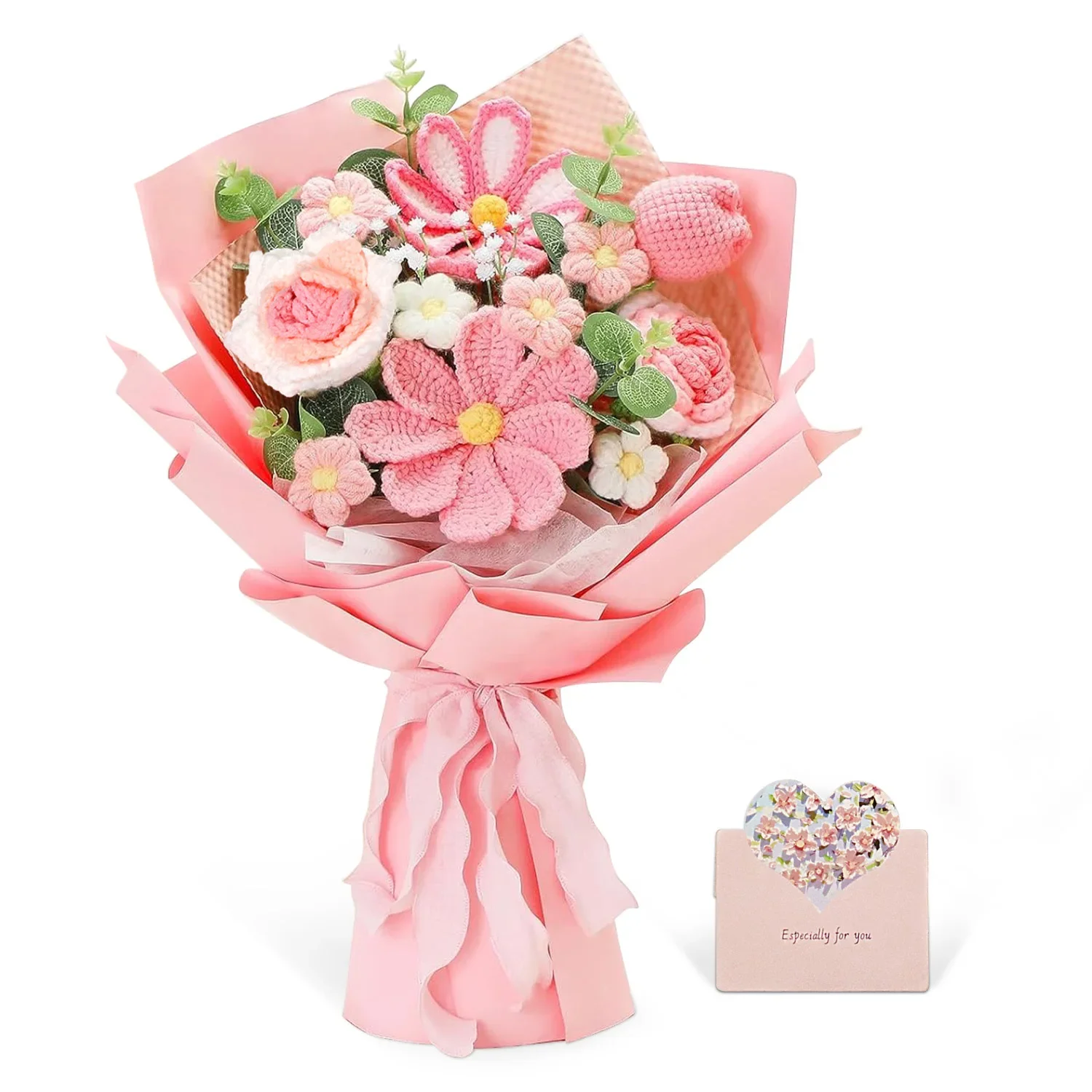 

Handmade Crochet Pink Flowers Bouquet, Crochet Tulip Galsang Flower Bouquet for Woman, Mother, Valentines, Birthday, Graduation