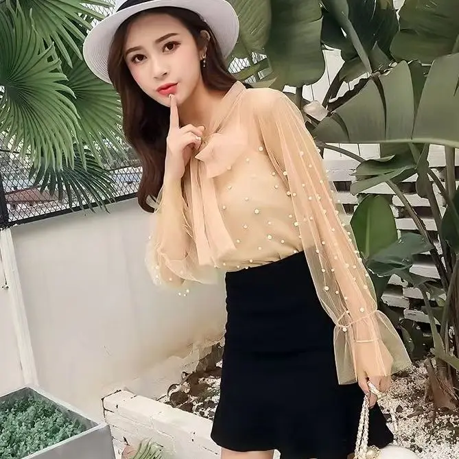 2024 Autumn New Korean Version Socialite Careful Machine Sexy Perspective Bow Versatile Nail Bead Mesh Top for Women