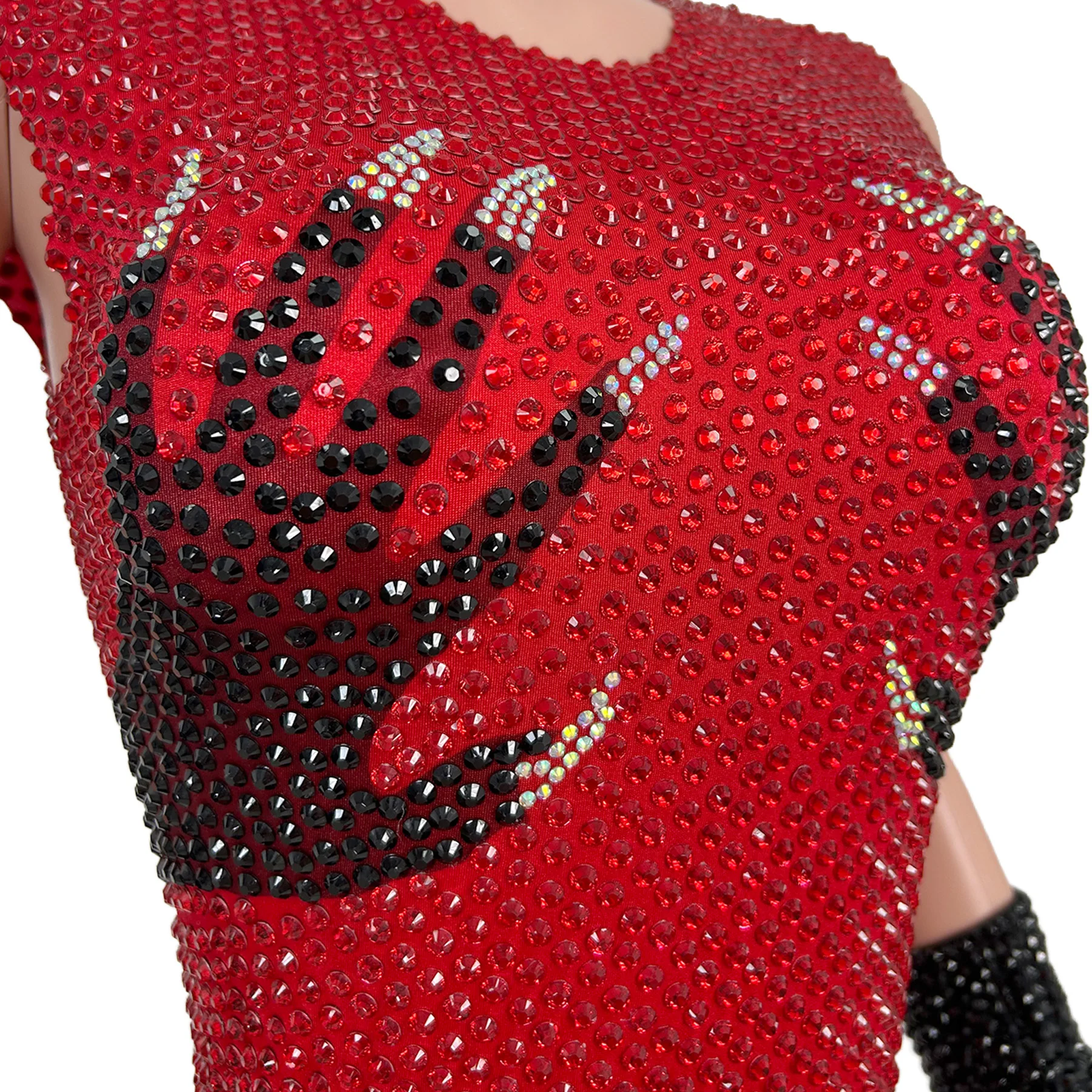 Heishou Luxury Red Rhinestone Hand Print Sleeveless Jumpsuit with Black Gloves Performance Photoshoot Costume