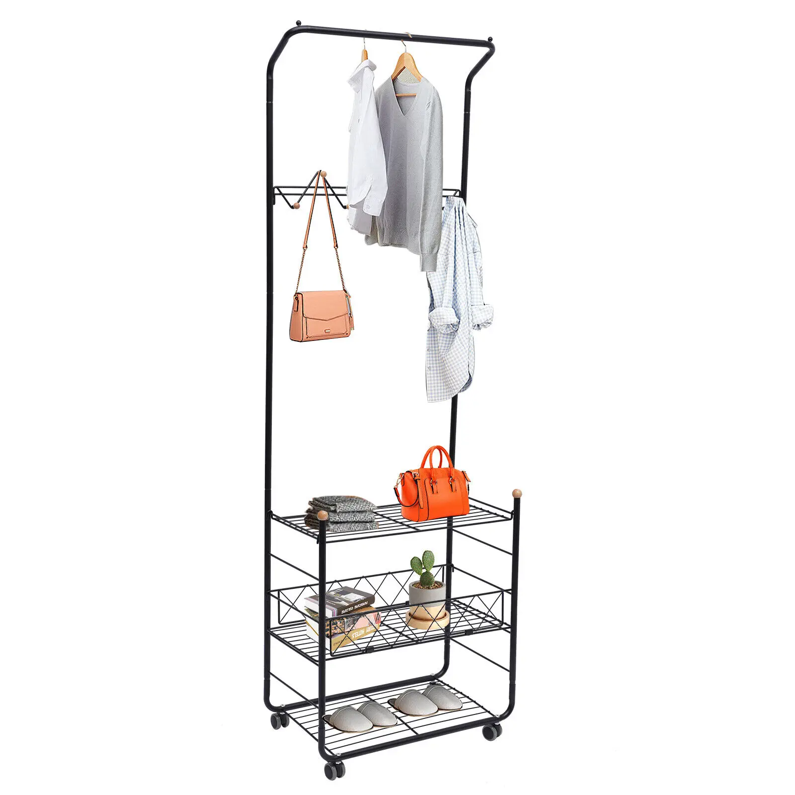3-Tier Vestuário Rack com cesta de metal, 3-em-1 roupas de rolamento Rack, 7 ganchos
