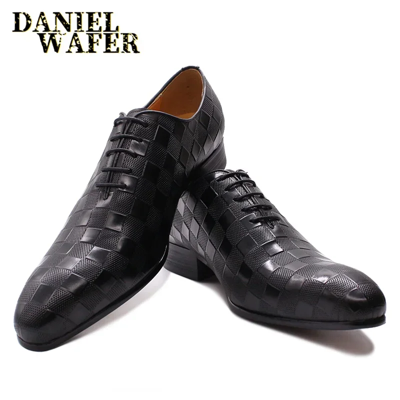 Luxury Oxford Men\'s Dress Shoes Fashion Male Genuine Leather Black Plaid Print Lace-Up Wedding Office Business Formal Shoe