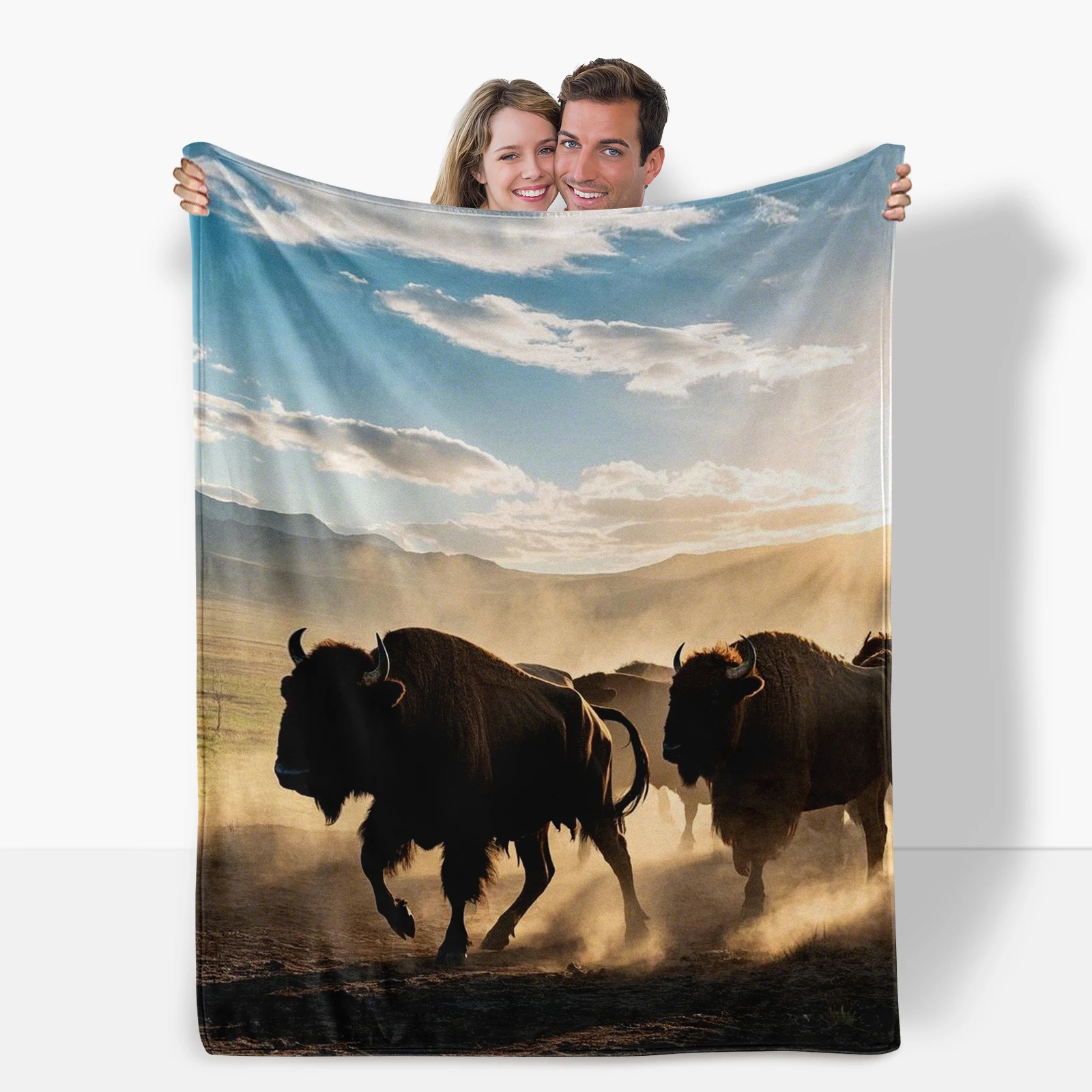 Unique Bison Herd Running In The Grasslands Blanket Ideal For Loved Ones Celebrating Wildlife Beauty