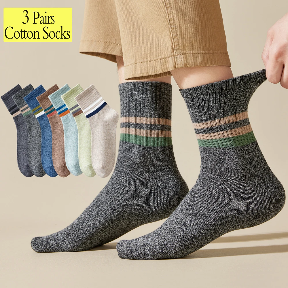 

3 Pairs Men's Striped Thermal Socks Mid Calf Crew Cotton Thick Warm Socks Moisture Wicking Soft Comfortable for Daily Wear