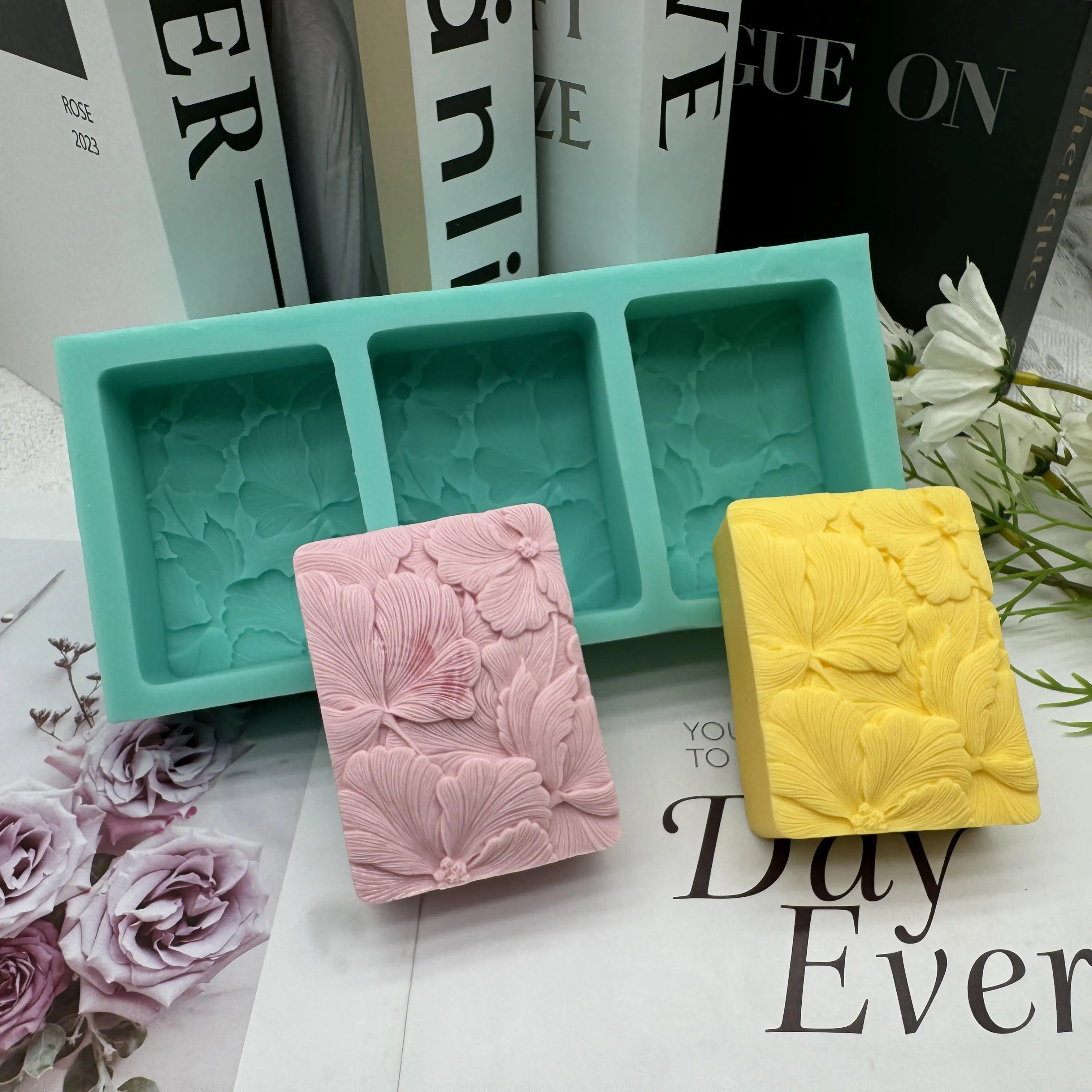 3Cavity Newest Beautiful Flower DIY Soap Mold Handmade Flower Rectangle Soap Making Mold Silicone Floral Molds for Cake Crafts