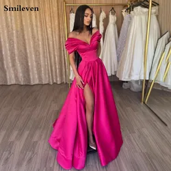 Smileven Heißes rosa formelles Abendkleid aus Satin, schulterfrei, seitlich geteilt, neue Promi-Party-Kleider, bodenlanges Abendkleid 2022