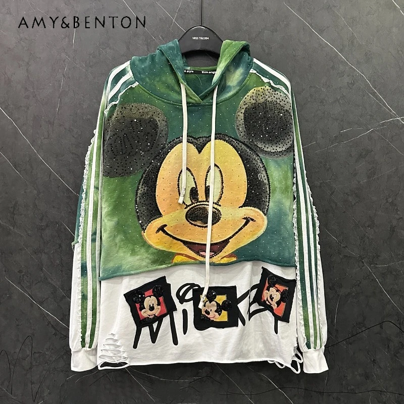 Autumn New Heavy Industry New Style Distressed Fake Two-Piece Cartoon Top Hoodies For Women's Loose Casual Versatile Top Jacket