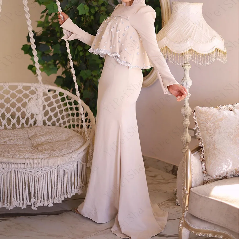 

Customized Mermaid Evening Dresses Floor-length O-neck Full Sleeve Prom Gown Fashion Crystal Beading Simple Draped Party Gown