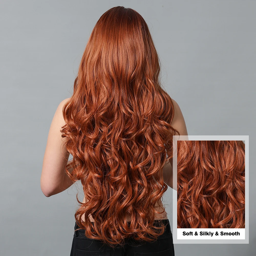 Red Brown Long Curly Wavy Wigs for Women Natural Synthetic Hair Wig with Bangs Heat Resistant Daily Cosplay Use Fake Hair 30Inch