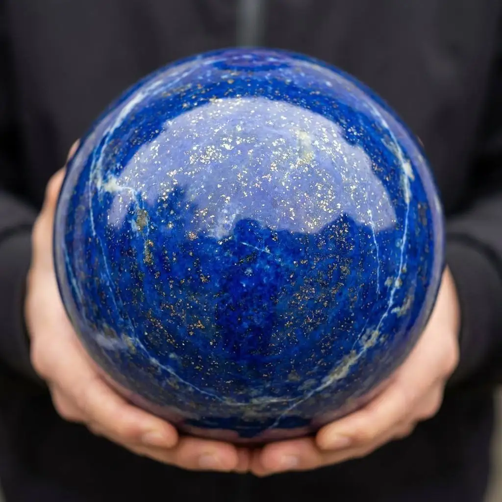Egyptian Lapis Lazuli Crystal Ball 2-3.1in Natural Handmade Royal Blue Gold Pyrite Tutankhamun Nile Artifact Polished Sphere with Wood Stand High Quality Home Decor Office Decor Room Decor Desk Ornament Bedroom Decor Table Centerpiece Collectible Gift Orb