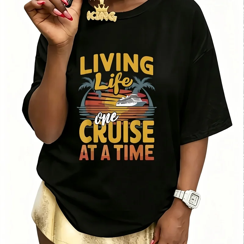 Cruise Lover Living Life One Cruise at a Time Cruise Women's T-Shirt 100% Cotton Fun Print Short Sleeve Top Casual Round Neck Tee S-5Xl