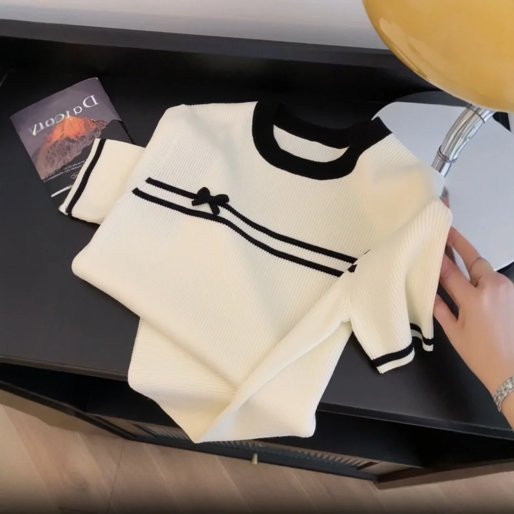Verão feminino malha camiseta suéteres bowtie manga curta o-pescoço camisetas topos moda workwear elegante senhoras malhas jumpers 2025