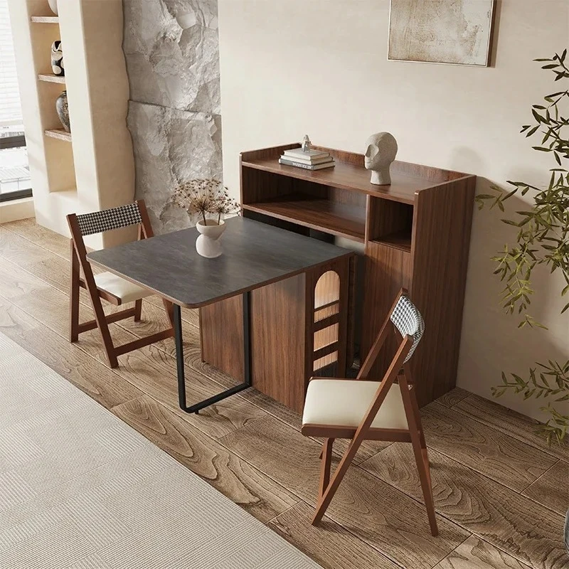 A Solid Wood Folding Sideboard Small Apartment Light Luxury Style Multi-functional Movable Rock Slab Folding Table