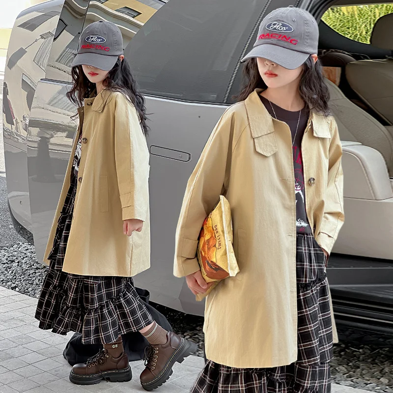 

Tween Girl's Trendy British Style Trench Coat Autumn Outerwear Mid Length Streetwear Coat​ Kids Children Spring Khaki Jacket