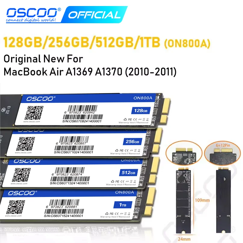 OSCOO-Unidade Interna de Estado Sólido, Atualização de Disco Rígido, SSD para MacBook Air, SATA3 A3 A3, A1369, A1370, 2010-2011, 512GB, 1TB, Velocidade Rápida