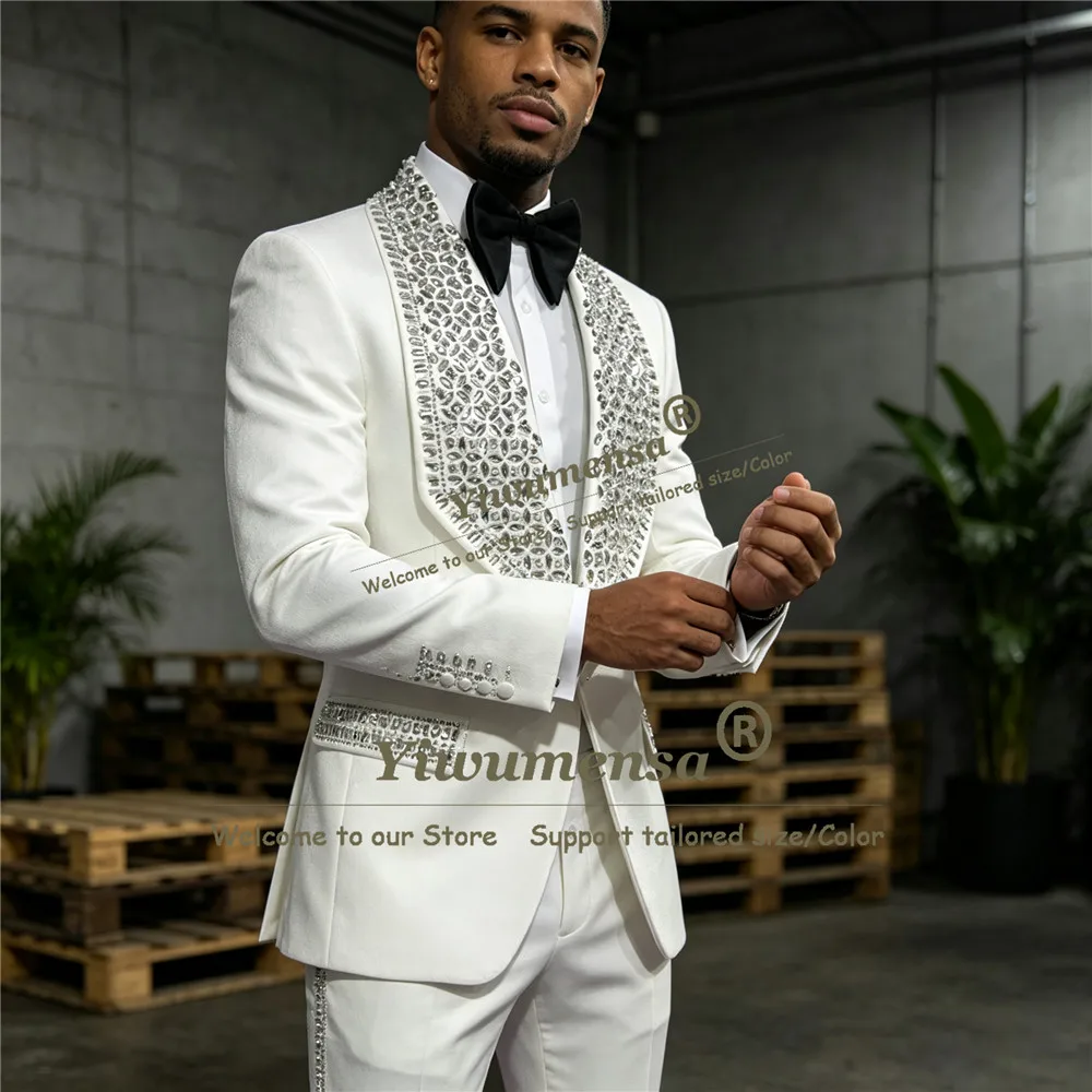 Man Royal Blue Tuxedo Suit Set For Wedding Sliver Diamond Beaded Lapel Prom Blazer Customized Groom Business Party Attire Luxury