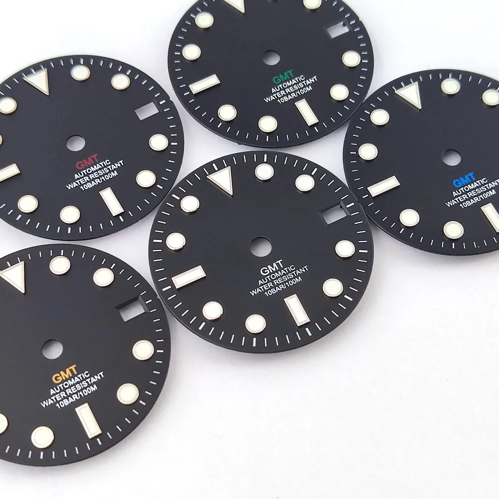 Cadran de montre NH34 GMT, cadran de 28.5mm, cadran noir, veilleuse verte, adapté au mouvement nh34 nh35, accessoires de montre