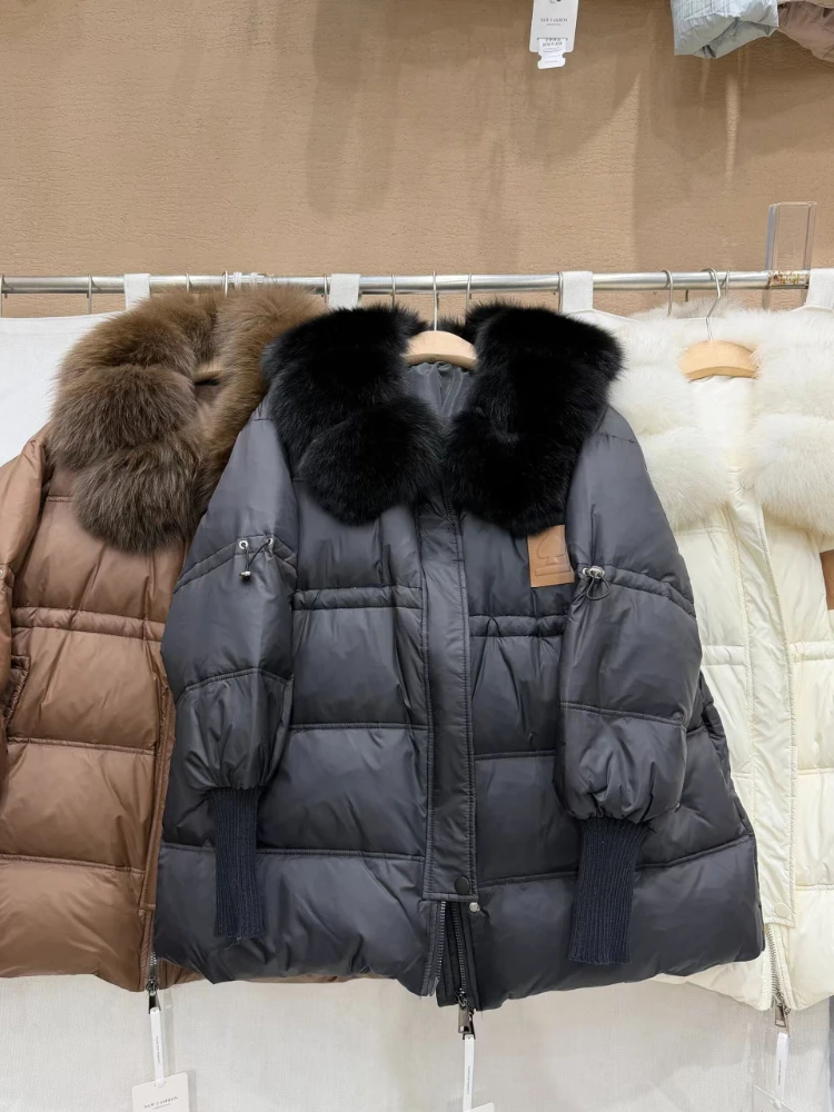 Big Fox Fur Collar Down Jacket 2025 Winter New Fashion Waist Mid-Length Parkas Women Thicken Warm White Duck Puffer Coat Outwear