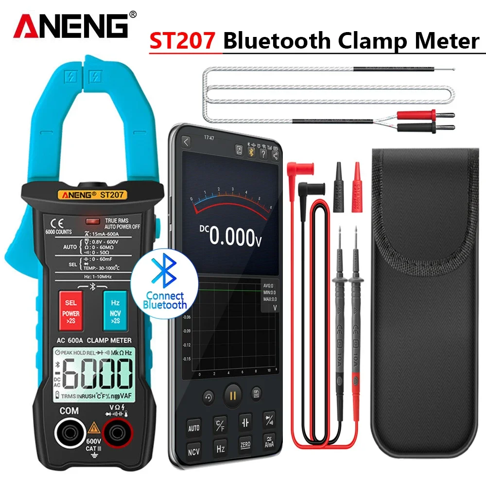 

ANENG ST207 Digital Newly Upgraded Bluetooth Clamp Meter 6000 Count DC/AC True RMS Multimeter Hz Capacitance Ohm Voltage Tester