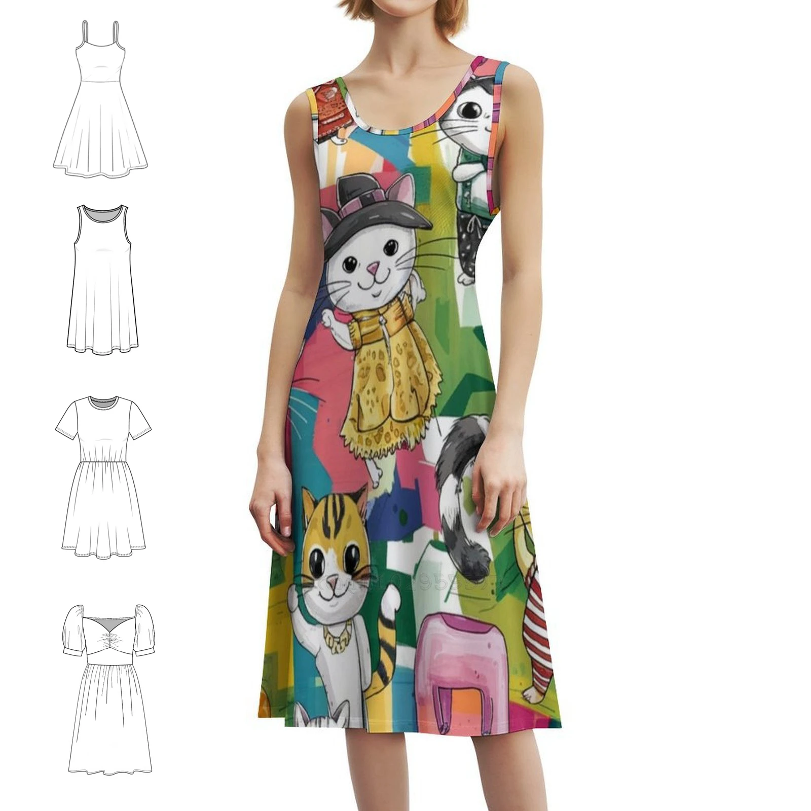 

Роскошное эстетичное красочное кошачье женское кавайное богемное платье без рукавов с котом для женщин, пляжные вечерние платья с принтом котята