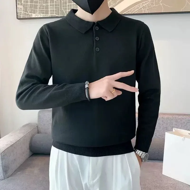 

Мужская одежда Вязаные белые топы Деловые футболки-поло для мужчин Однотонные формальные с длинным рукавом Harajuku Модные тенденции 2025 It Xl