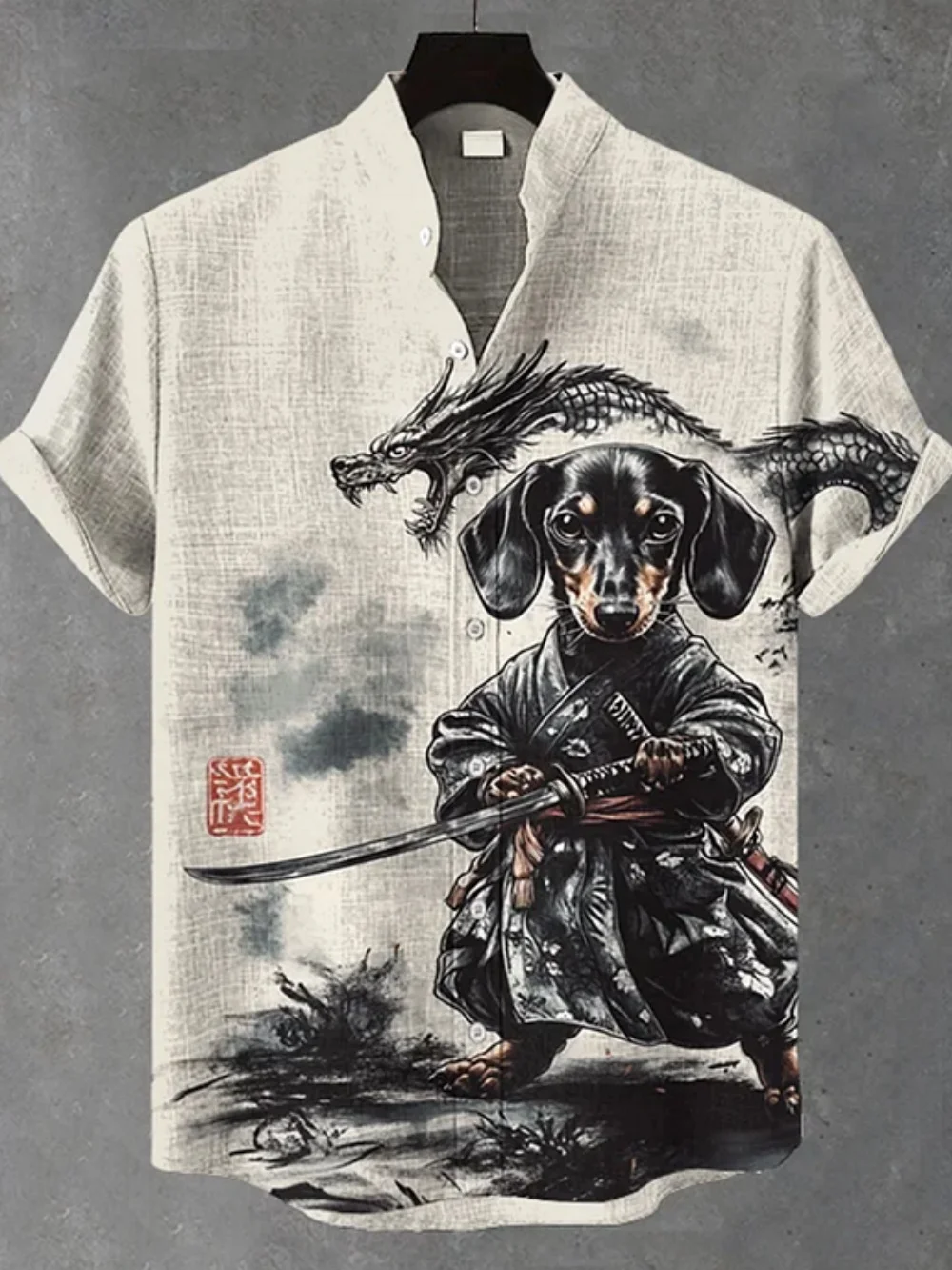 남성용 반팔 스탠드 칼라 셔츠, 일본 복고풍 아트 프린트 버튼 업 셔츠, 남성용 플러스 사이즈 리넨 셔츠 XS-5XL