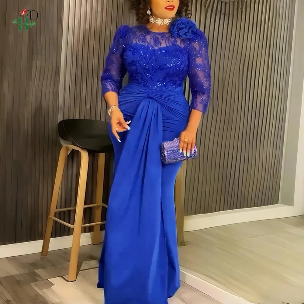 

African Royal Sequin Maxi Dress 3/4 Lace Sleeves with Floral Ruched Waist Design For Wedding Parties and Formal Events Plus Size