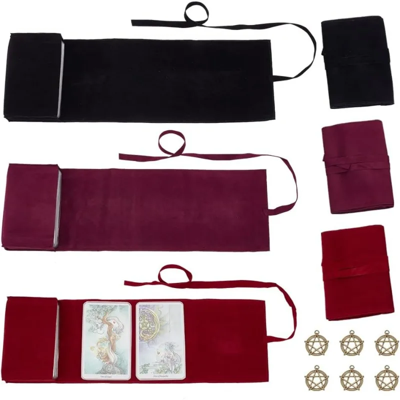 

6 Pcs 3 Colors Velvet Tarot Bags with 6 Pcs Tibetan Style Alloy Pendants, Tarot Rune Dice Wrap Pouch Tarot Card Storage Cloth