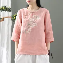 2024 New Summer Chinese Style Fashion Versatile Short Sleeved Loose Round Neck Printed Embroidered Button Women's T-shirt Top