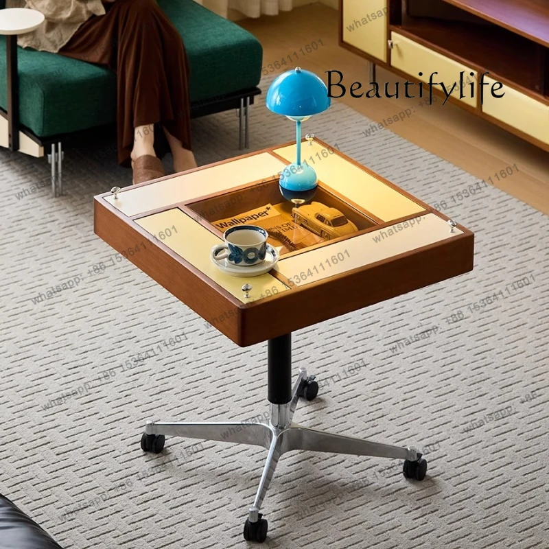 

Medieval Solid Wood Mobile Lifting Coffee Table Living Room Side Multi-function Dining Integrated Dual-purposesmall Apartment