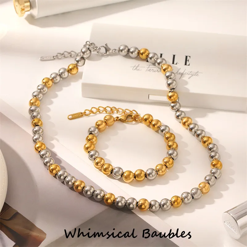 

Two Tone 8mm Stainless Steel Non Tarnish Waterproof 18k Gold Plated Round Beads Bracelet Necklace Chunky Jewelry for Women