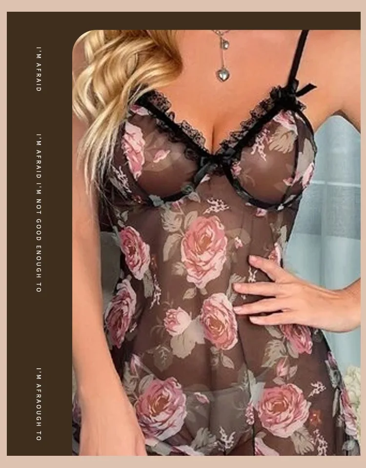 Women Floral Lace Chiffon Chemise Adjustable Straps Sleepwear Set Romantic Gift Sheer Nightwear Valentines Babydoll Black Trim U view 3