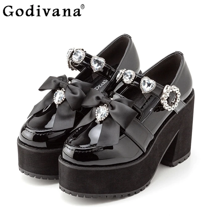 

Japanese Original Lolita INS Retro Waterproof Platform High Heels Sweet Cool Girl Gothic Style Bowknot Rhinestone Mary Jane Shoe