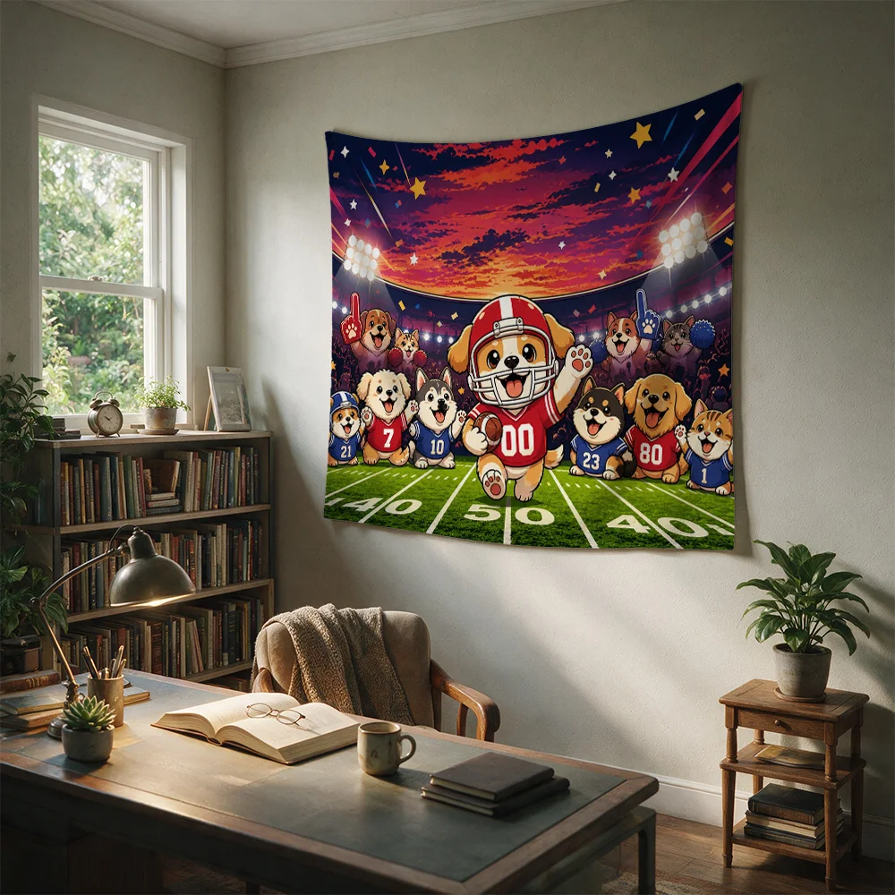 Cute Cartoon Dog Squad Football Game Celebration Sports Fan Wall Tapestry Decor for Man Cave Bedroom