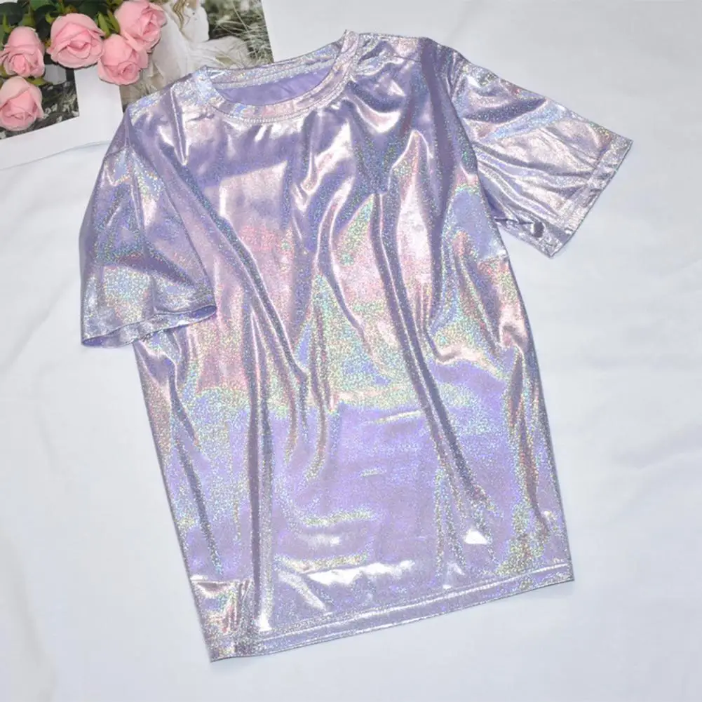 Casual Women Tops Glossy Finish Glitter Women's Loose Fit Tee Stylish Round Neck Short Sleeve Pullover for Nightwear Lightweight