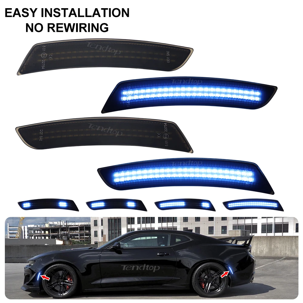 Dynamic Blue Led Smoked Front Rear Side Marker Lighs for Chevy Camaro 2016 2017 2018 2019 2020 2021 2022 2023 6th gen Camaro