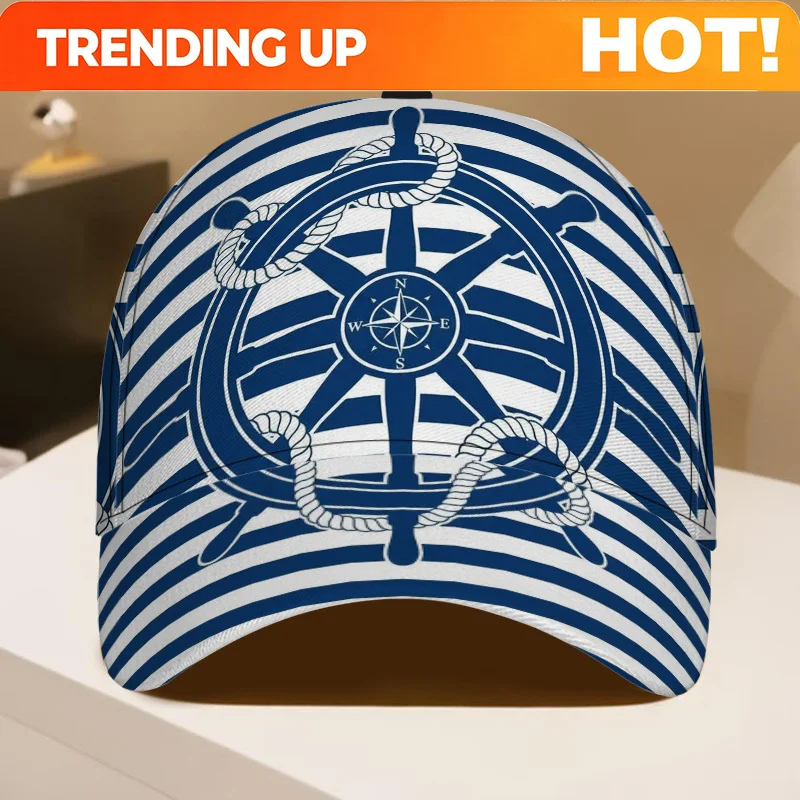 Customization 1pc Of A Nautical-Themed Wheel And Stripes Printed Classic Baseball Cap - A Fashionable Duckbill Hat With An Adjus
