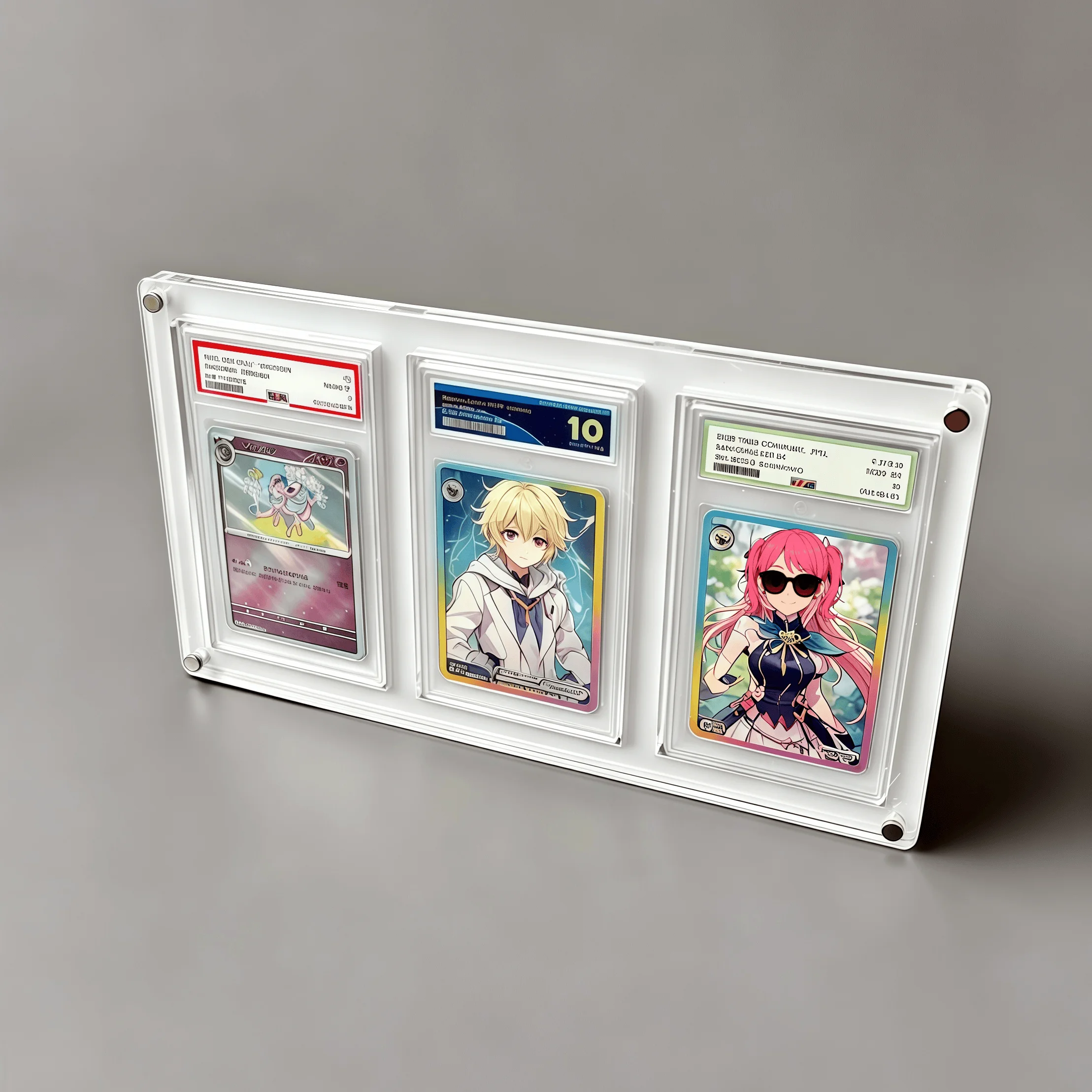 Soporte acrílico blanco de 3 ranuras para tarjetas clasificadas, con borde transparente, para exhibir tarjetas coleccionables de PTCG, Pokémon y YuGiOh.