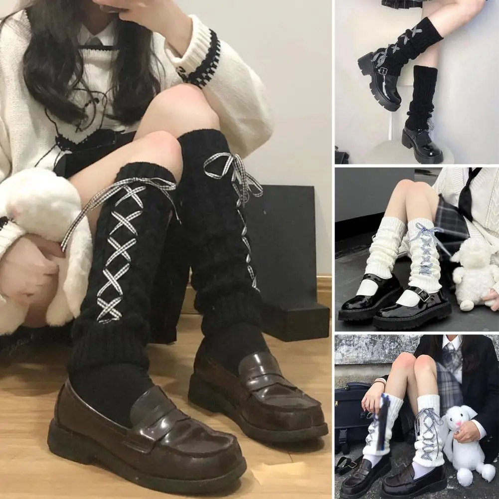 1 Pair Woman Leg Warmers Autumn And Winter Ribbon Lolita Black Knee Warmers Long Socks JK Knitted Girl White Outing Leg Warmers