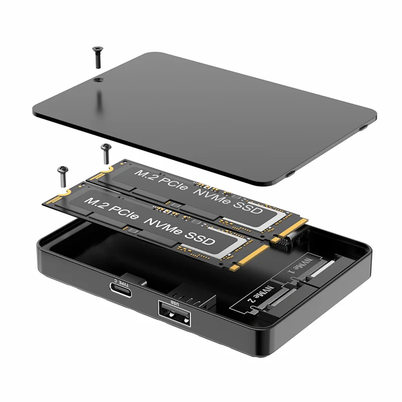 Dual Bays M.2 NVME Docking Station with 10Gbps USB3.2 Gen2 + 10G Type-C Transfer USB HUB 2 Port M2 NVME SSD Enclosure for Laptop