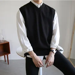 2023 New Mens Sweater Vest Spring Sleeveless Loose Solid Color Simple V Neck Sweater Men Korean Fashion Harajuku Pullover Vest