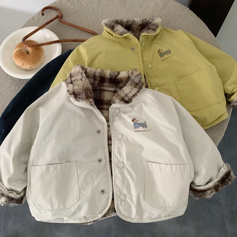 

Kids Reversible Fleece Jacket, Boys Girls Loose Korean Style Winter Coat All-Purpose