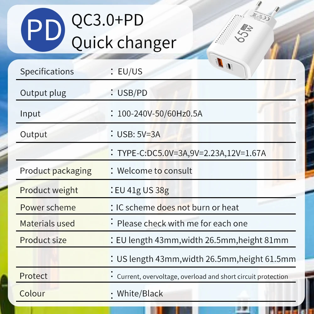 إجمالي 65 واط QC3.0 شحن سريع USB نوع C شاحن الهاتف المحمول الجدار محول الطاقة لسامسونج هواوي آيفون شاومي شحن سريع