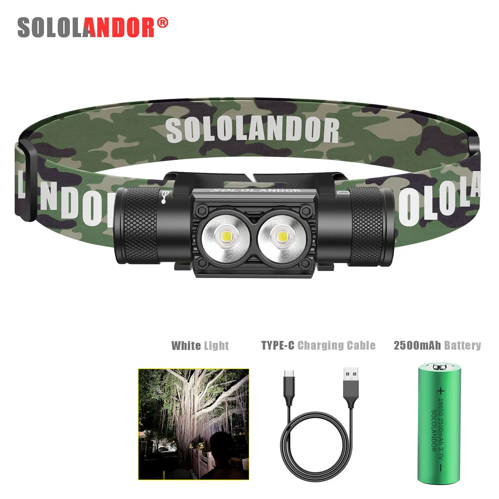 

Налобный фонарь SOLOLANDOR с белым светодиодом, 2500 мАч, аккумулятор 18650, USB Type-C, индикатор заряда батареи