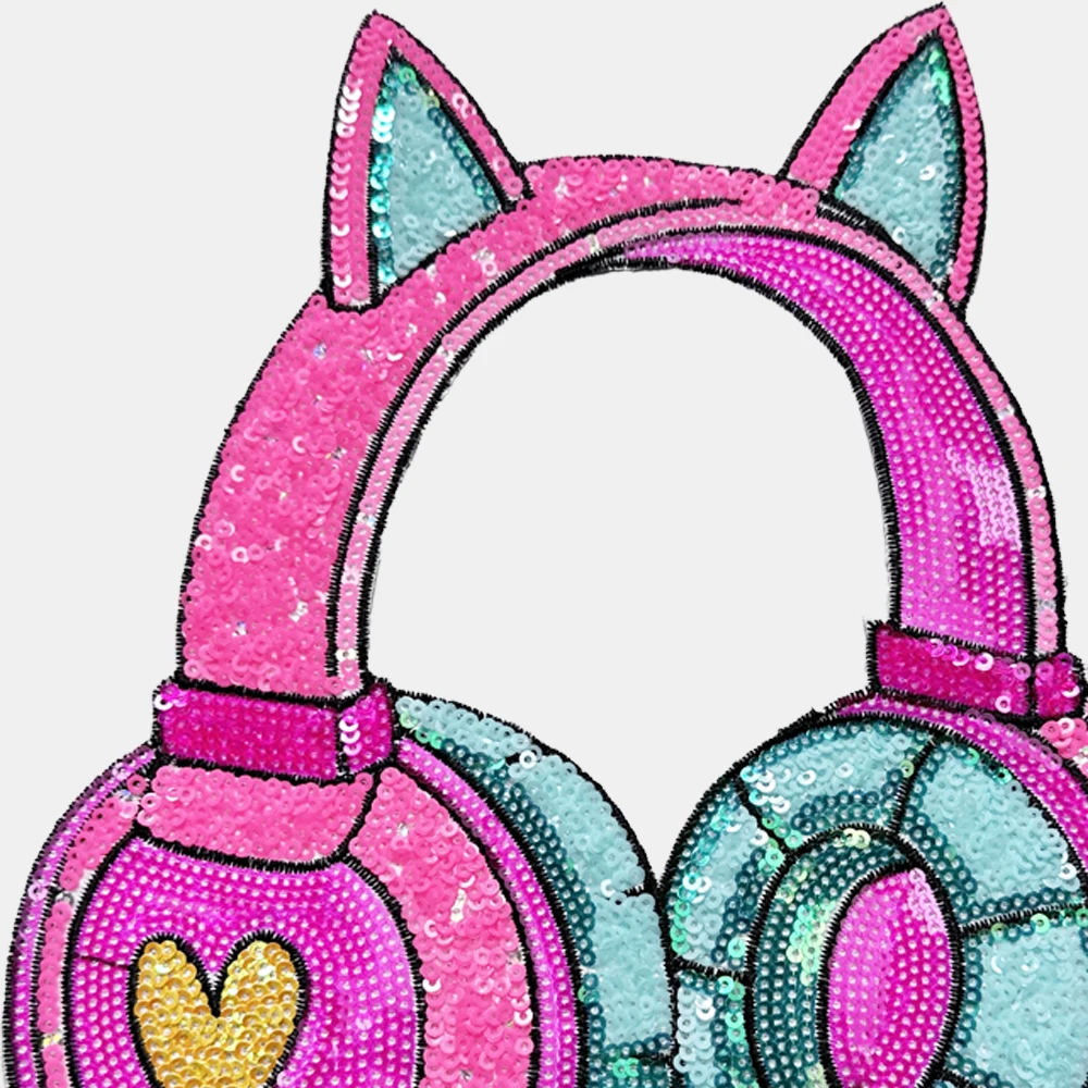 1 Piece 22.5*20 cm Pink Sequins Earphone Patch Shining Iron on Patch for Garment Decoration DIY Applique Clothing Accessories