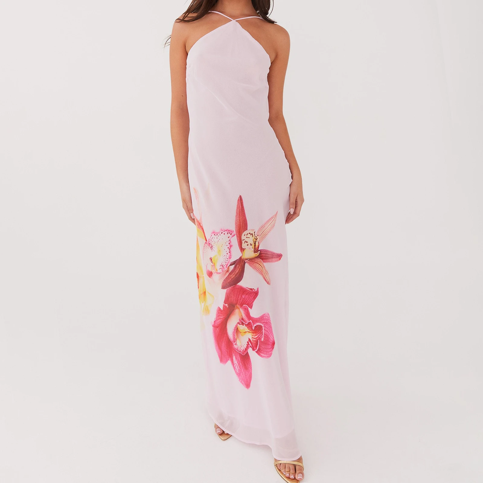 Combhasaki feminino verão halter pescoço estético flor impressão alças finas ajustáveis sem costas fino ajuste em camadas vestido longo de festa