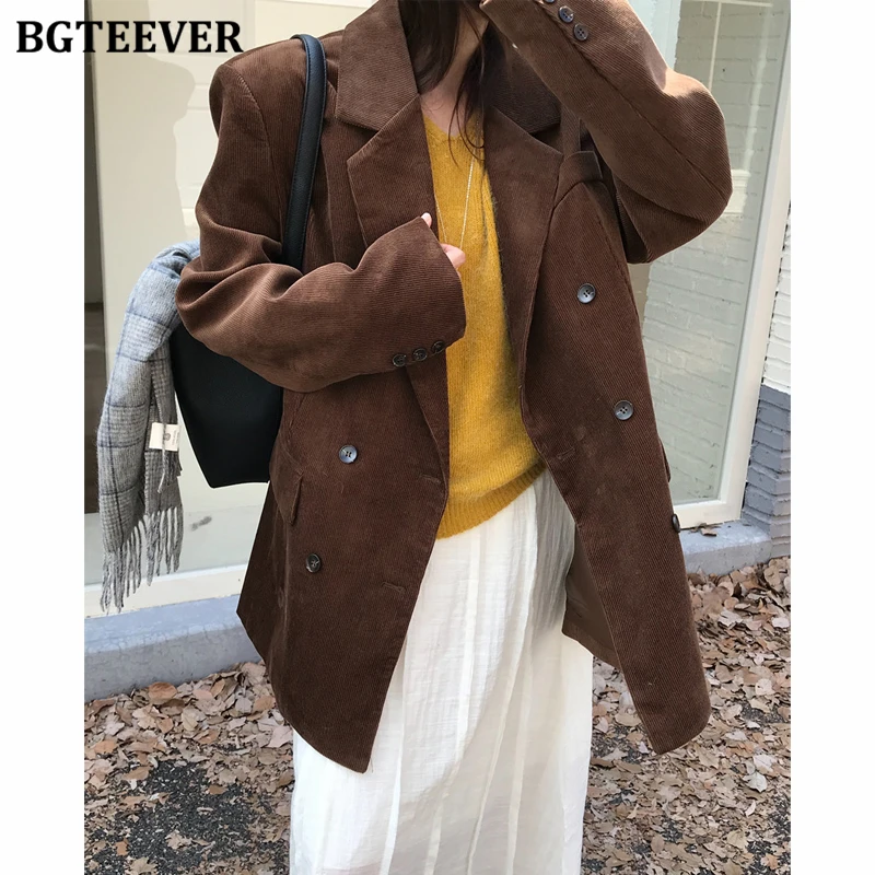 

BGTEEVER винтажный женский двубортный пиджак с длинными рукавами, стильный свободный вельветовый пиджак для женщин, осень-зима