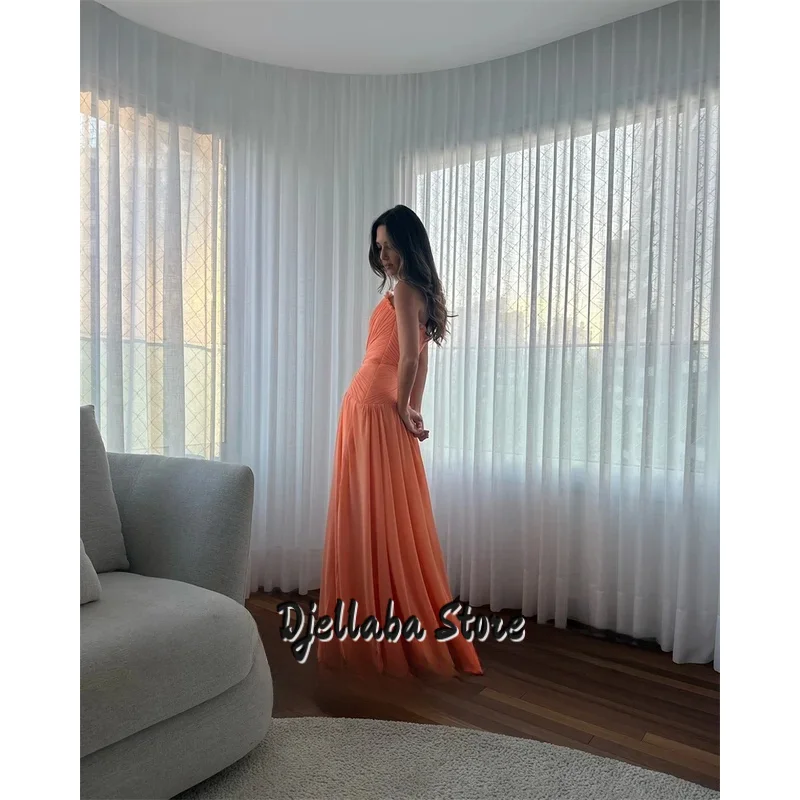 ชุดราตรีทรงเอไลน์สีส้ม ดีไซน์ยาวหรูหรา จับจีบแบบไร้สาย ชุดเดรสสำหรับงานปาร์ตี้ สง่างาม ยาวกรอมพื้น ชุดราตรีออกงาน สามารถสั่งตัดได้